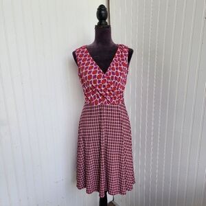DM Collection Pink Purple Geo Print Faux V-Neck Wrap Dress Sleeveless Midi Sz 6